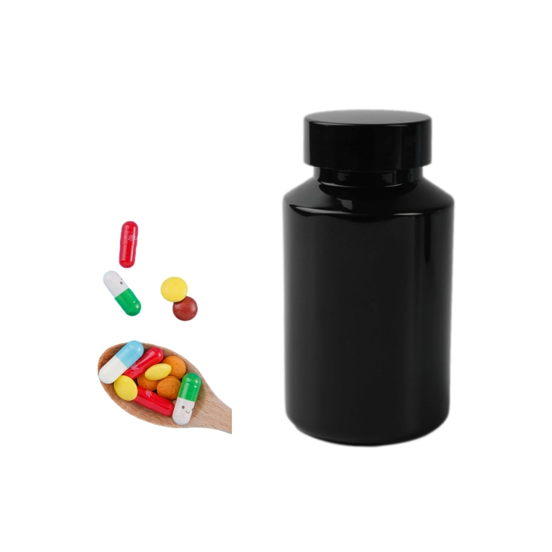 06 5oz 150cc black PET plastic medicine bottles sloping shoulder with screw cap应用.jpg